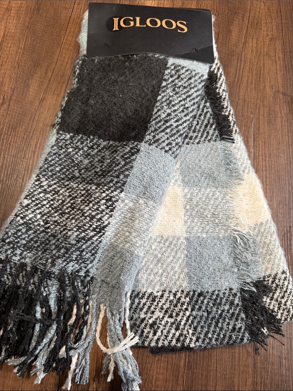 Igloo Black Gray and Cream Plaid Fringed Scarf